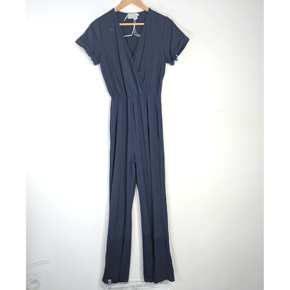 Saturday Sunday Anthropologie Navy Blue Jumpsuit; Short Sleeve Wide Leg